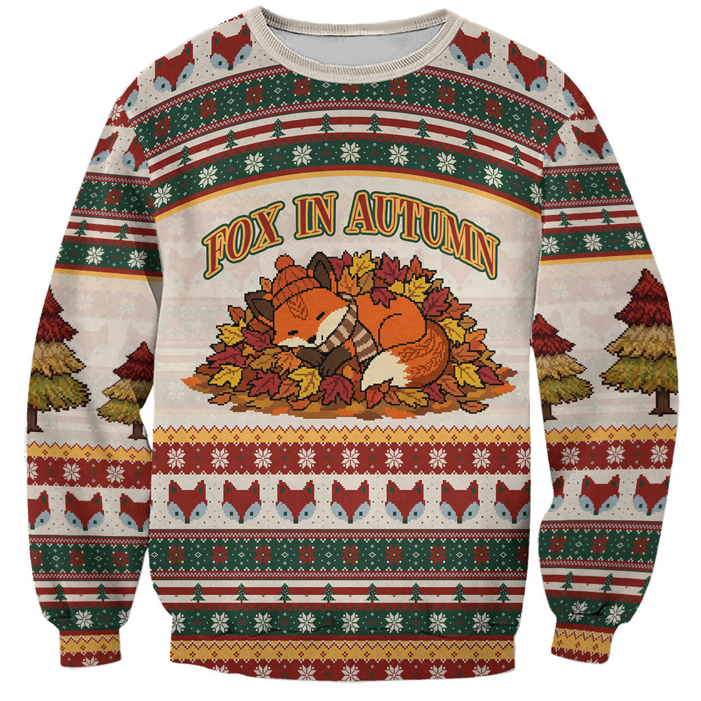 Cute Sleeping Fox Happy Fall Sweatshirt Festive Red Green Knitted Pattern Sleeping Fox