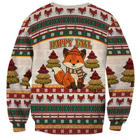 Cute Sleeping Fox Happy Fall Sweatshirt Festive Red Green Knitted Pattern Sleeping Fox
