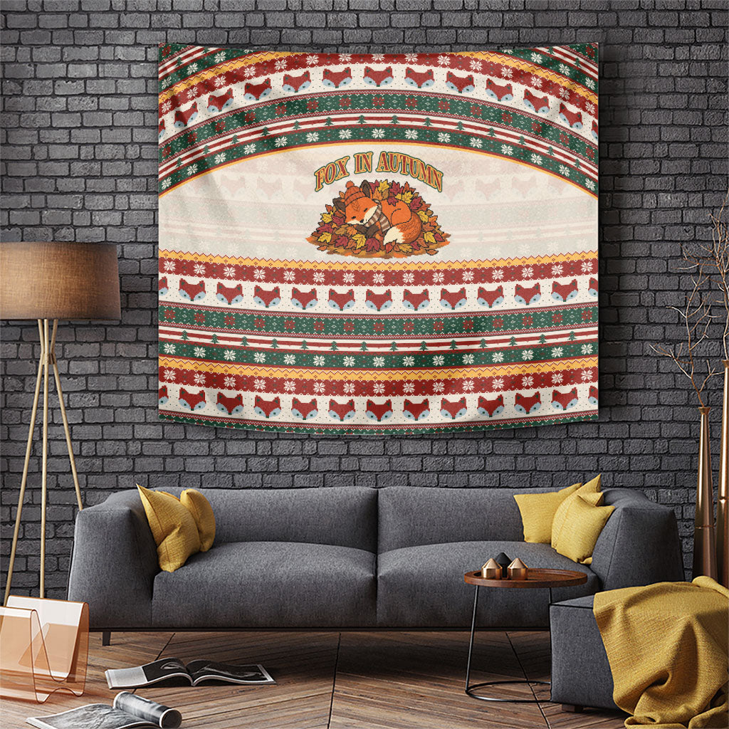 Cute Sleeping Fox Happy Fall Tapestry Festive Red Green Knitted Pattern Sleeping Fox