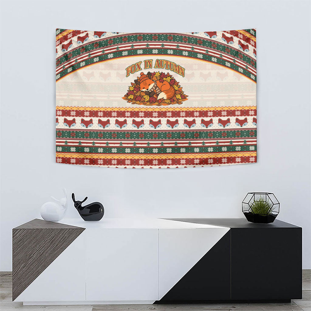Cute Sleeping Fox Happy Fall Tapestry Festive Red Green Knitted Pattern Sleeping Fox