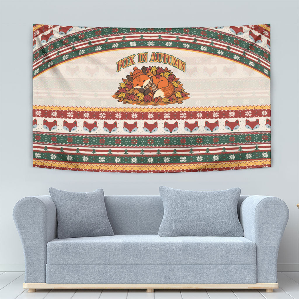 Cute Sleeping Fox Happy Fall Tapestry Festive Red Green Knitted Pattern Sleeping Fox