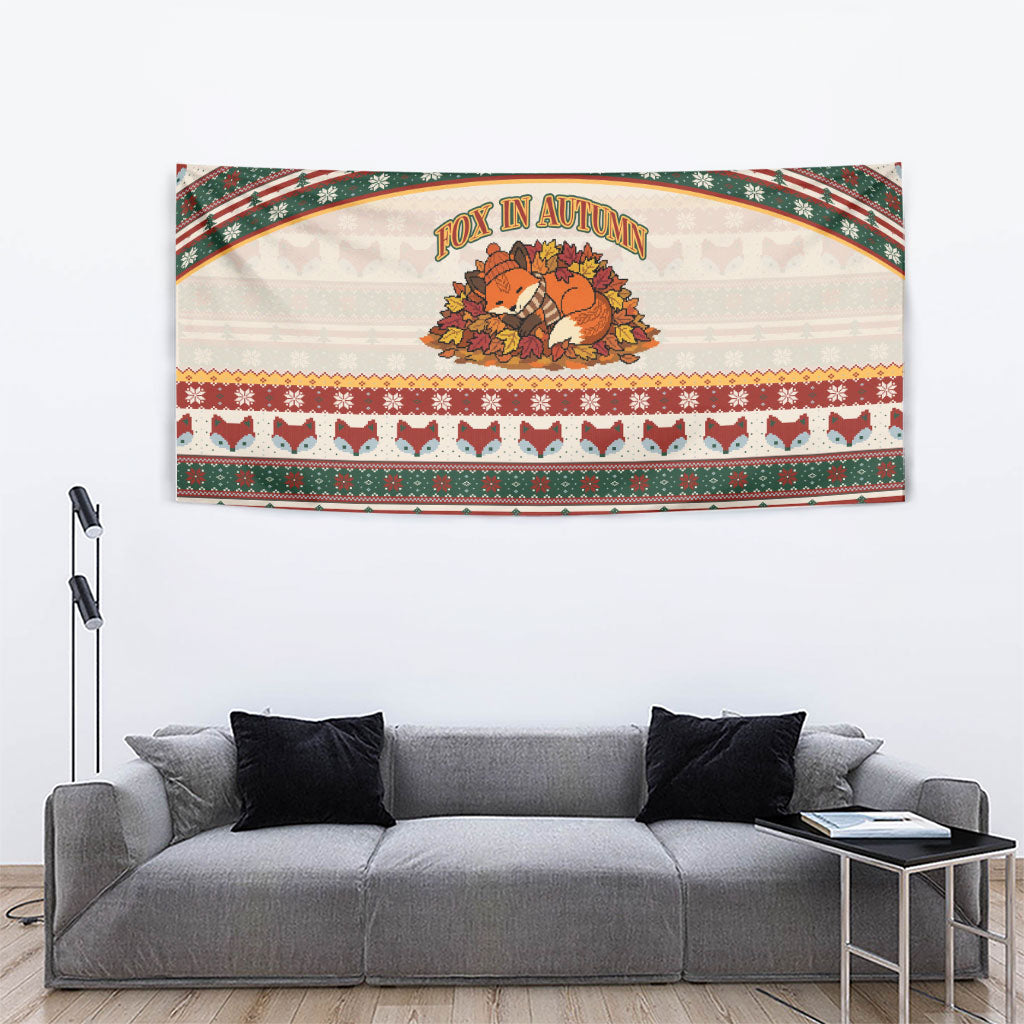 Cute Sleeping Fox Happy Fall Tapestry Festive Red Green Knitted Pattern Sleeping Fox