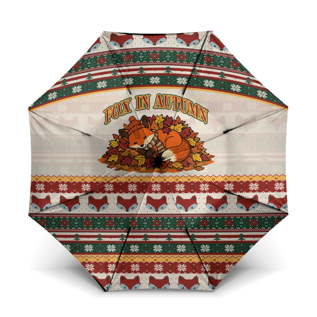Cute Sleeping Fox Happy Fall Umbrella Festive Red Green Knitted Pattern Sleeping Fox