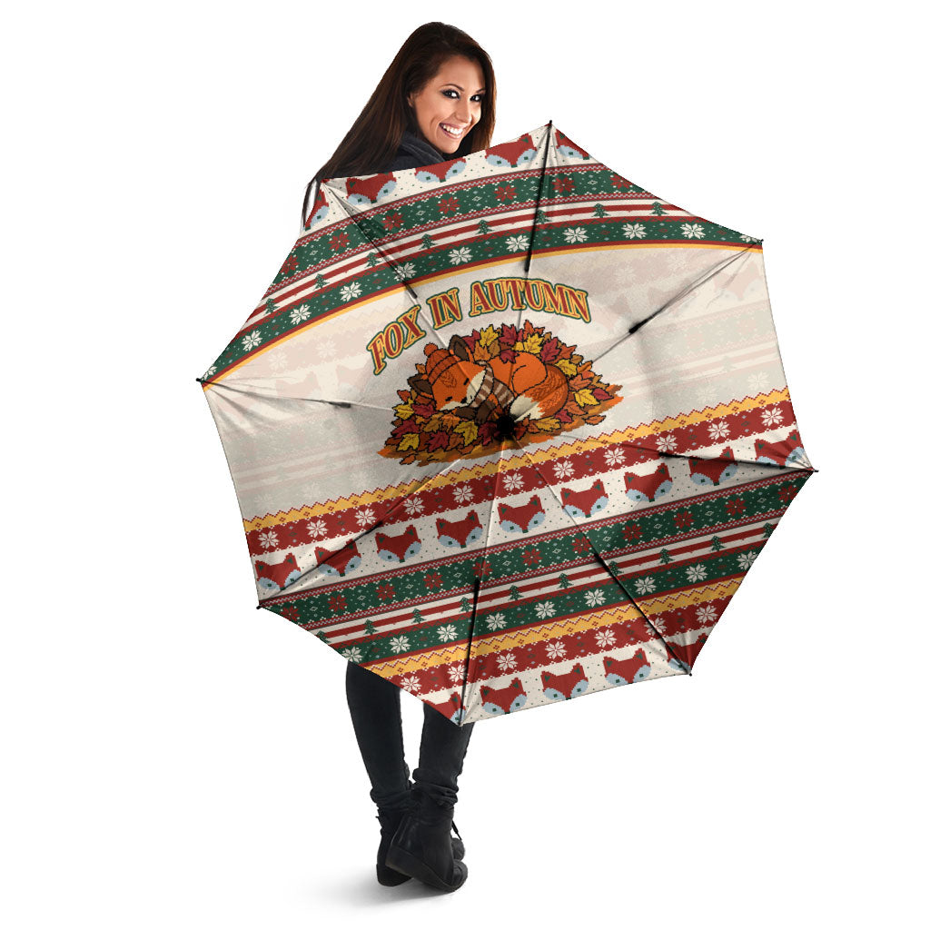 Cute Sleeping Fox Happy Fall Umbrella Festive Red Green Knitted Pattern Sleeping Fox