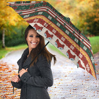 Cute Sleeping Fox Happy Fall Umbrella Festive Red Green Knitted Pattern Sleeping Fox