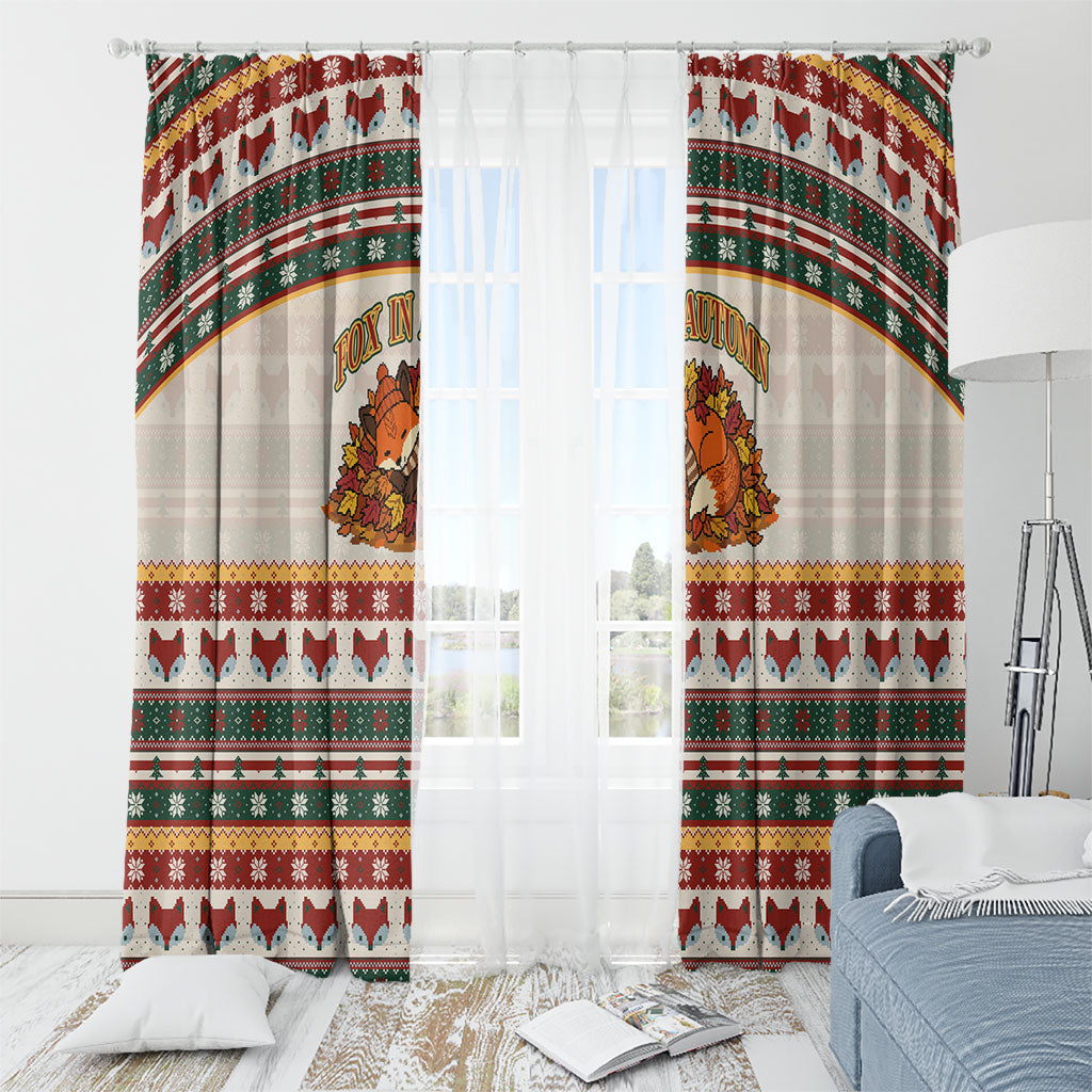Cute Sleeping Fox Happy Fall Window Curtain Festive Red Green Knitted Pattern Sleeping Fox