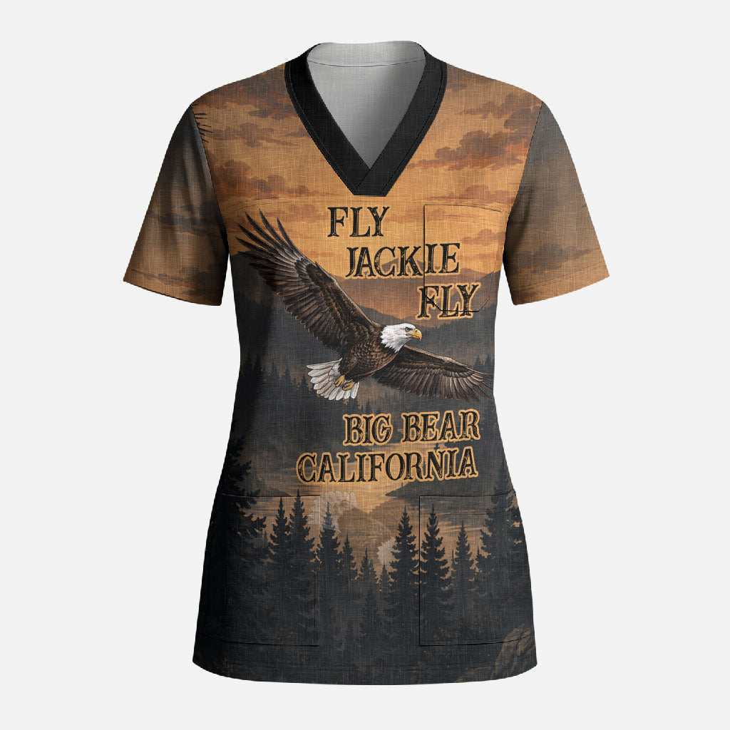 Big Bear California Eagle Jackie Shadow Scrub Top Supports California Wildlife - Sunset Mountain Forest Bald Eagle