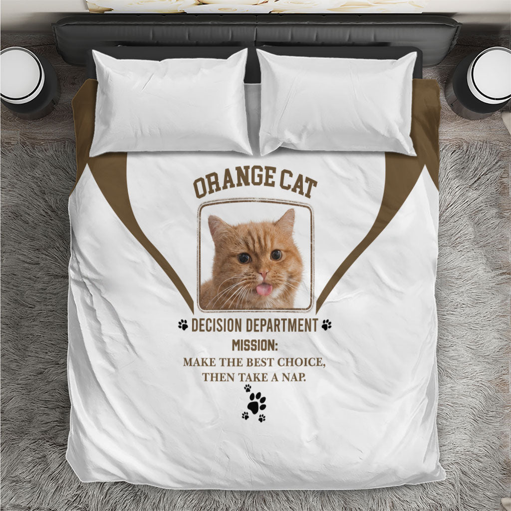 Orange Cat Decision Department Bedding Set Humorous Pet Quote Graphic Feline Joke