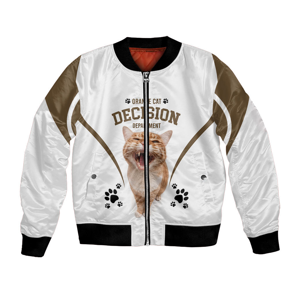 Orange Cat Decision Department Bomber Jacket Humorous Pet Quote Graphic Feline Joke