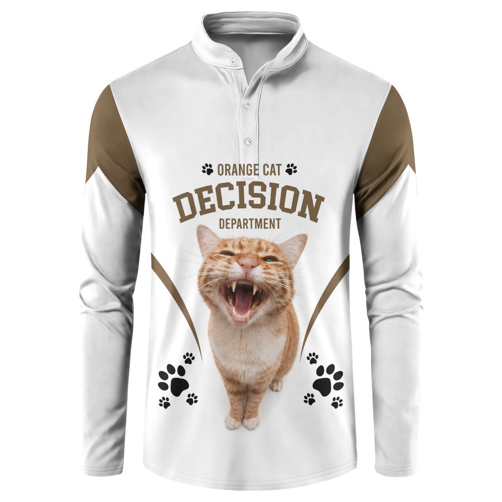 Orange Cat Decision Department Button Sweatshirt Humorous Pet Quote Graphic Feline Joke