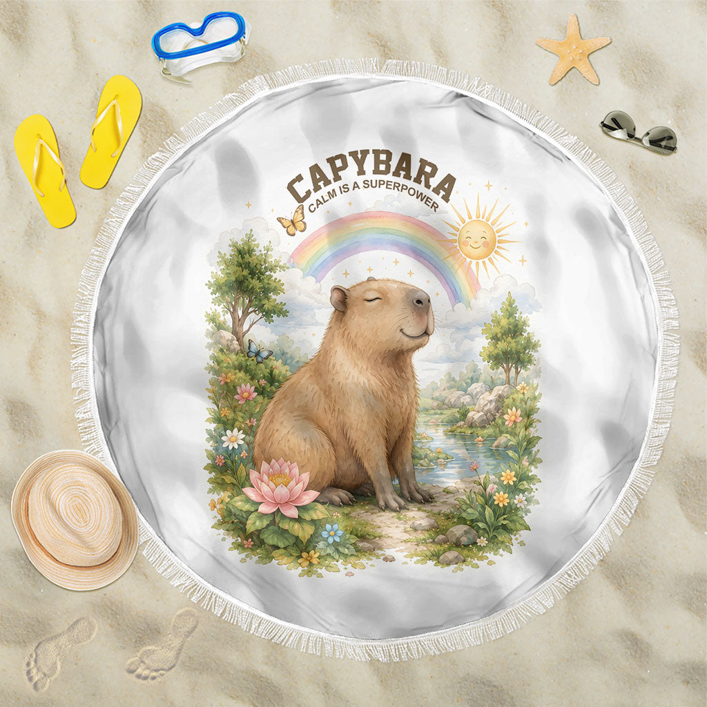 Capybara Calm Is A Superpower Beach Blanket Cute Watercolor Floral Cottagecore Nature Animal Art