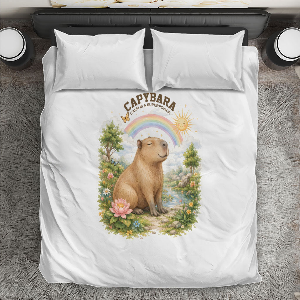 Capybara Calm Is A Superpower Bedding Set Cute Watercolor Floral Cottagecore Nature Animal Art