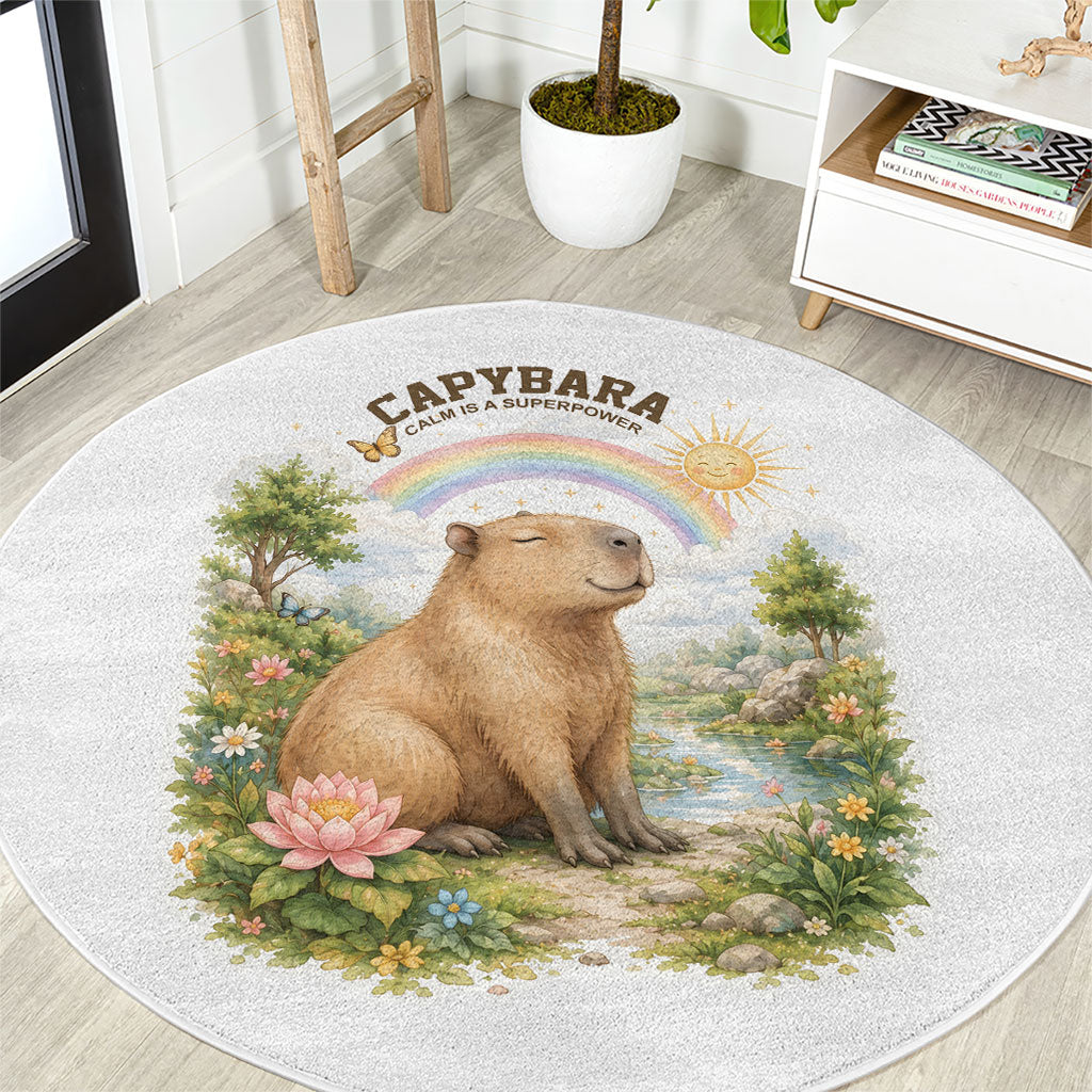 Capybara Calm Is A Superpower Round Carpet Cute Watercolor Floral Cottagecore Nature Animal Art