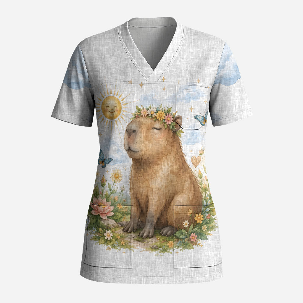 Capybara Calm Is A Superpower Scrub Top Cute Watercolor Floral Cottagecore Nature Animal Art