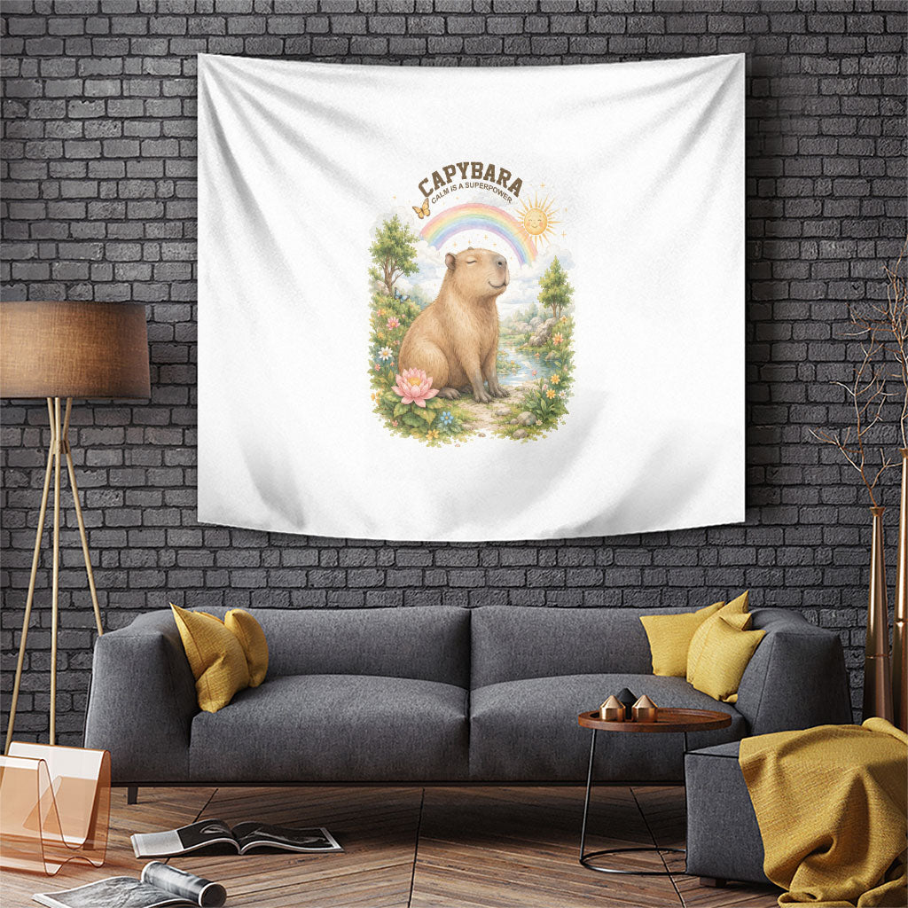 Capybara Calm Is A Superpower Tapestry Cute Watercolor Floral Cottagecore Nature Animal Art