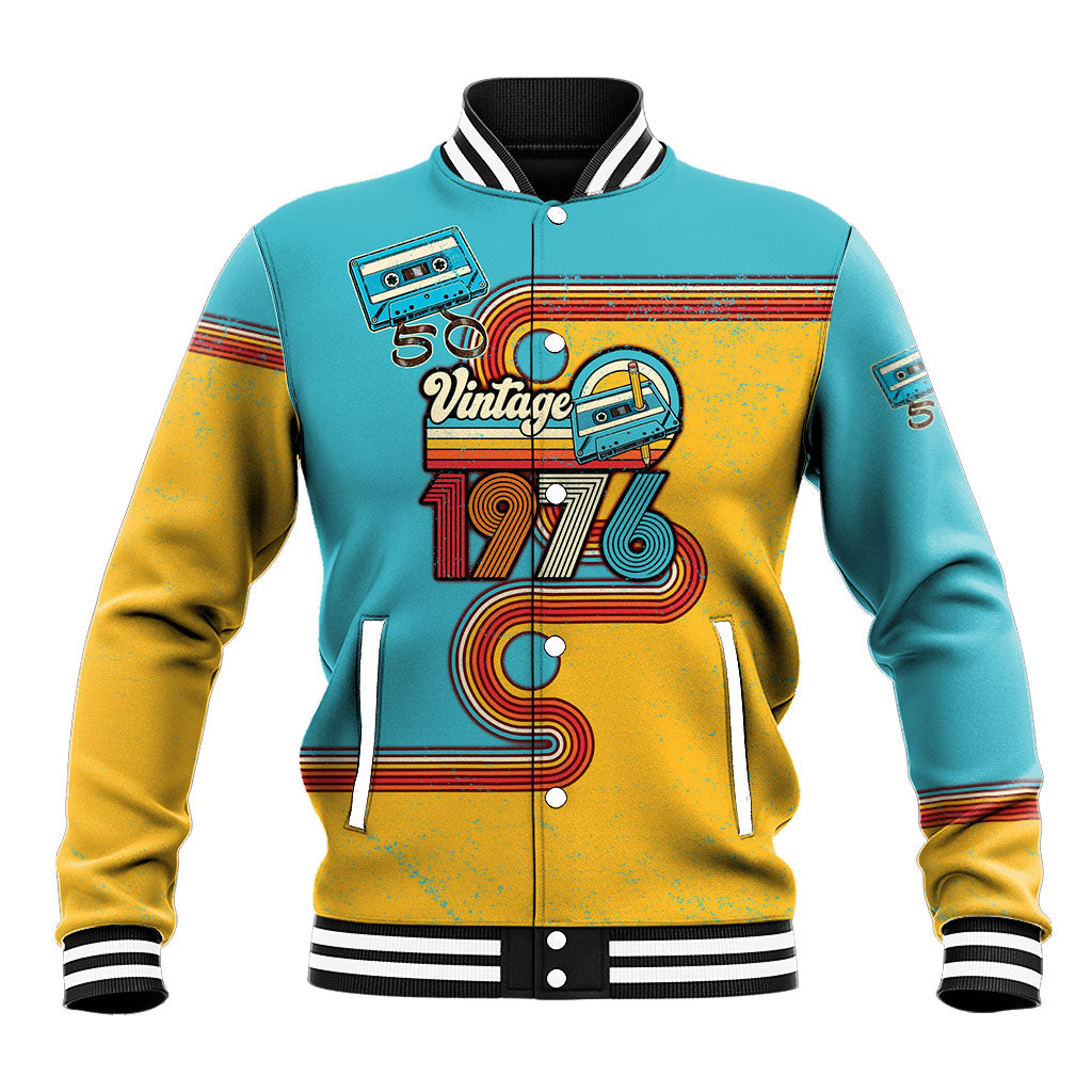 50th Birthday Vintage 1976 Legends Are Born Baseball Jacket Retro 70s Cassette Tape Rainbow Distressed
