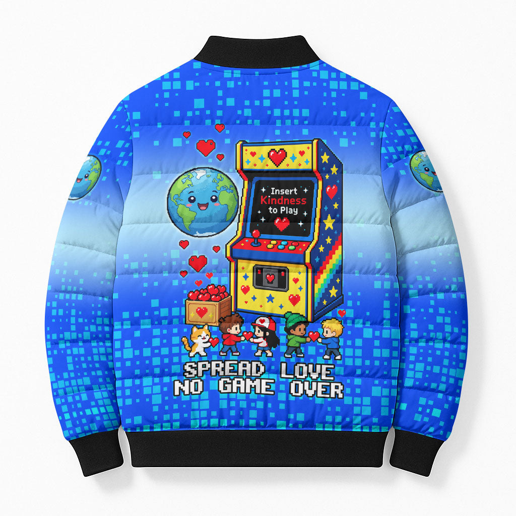 World Kindness Day Pixel Arcade Game Bomber Puffer Jacket Retro 8-Bit Pixel Art Kindness Level Max Spread Love Game Over