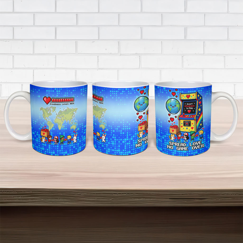 World Kindness Day Pixel Arcade Game Ceramic Mug Retro 8-Bit Pixel Art Kindness Level Max Spread Love Game Over