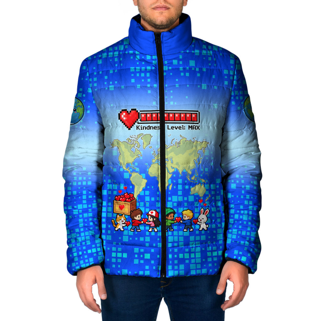 World Kindness Day Pixel Arcade Game Padded Jacket Retro 8-Bit Pixel Art Kindness Level Max Spread Love Game Over