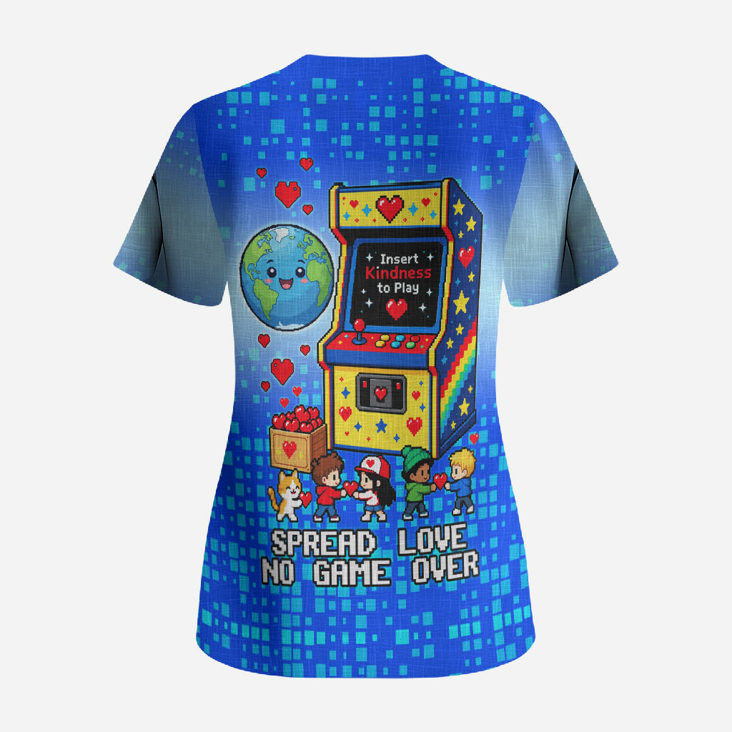 World Kindness Day Pixel Arcade Game Scrub Top Retro 8-Bit Pixel Art Kindness Level Max Spread Love Game Over