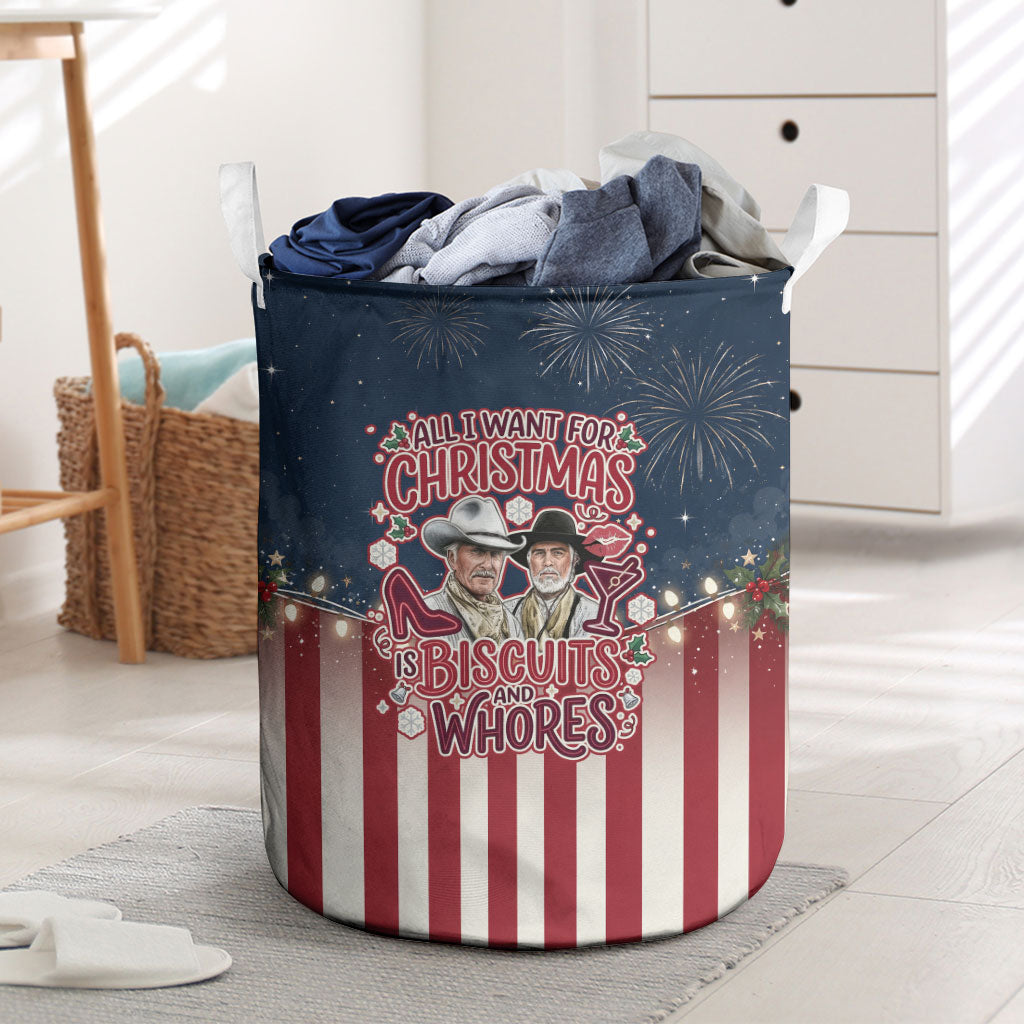 All I Want For Christmas Is Biscuits And Whores Western Cowboys Laundry Basket Vintage Retro Western Xmas Humor