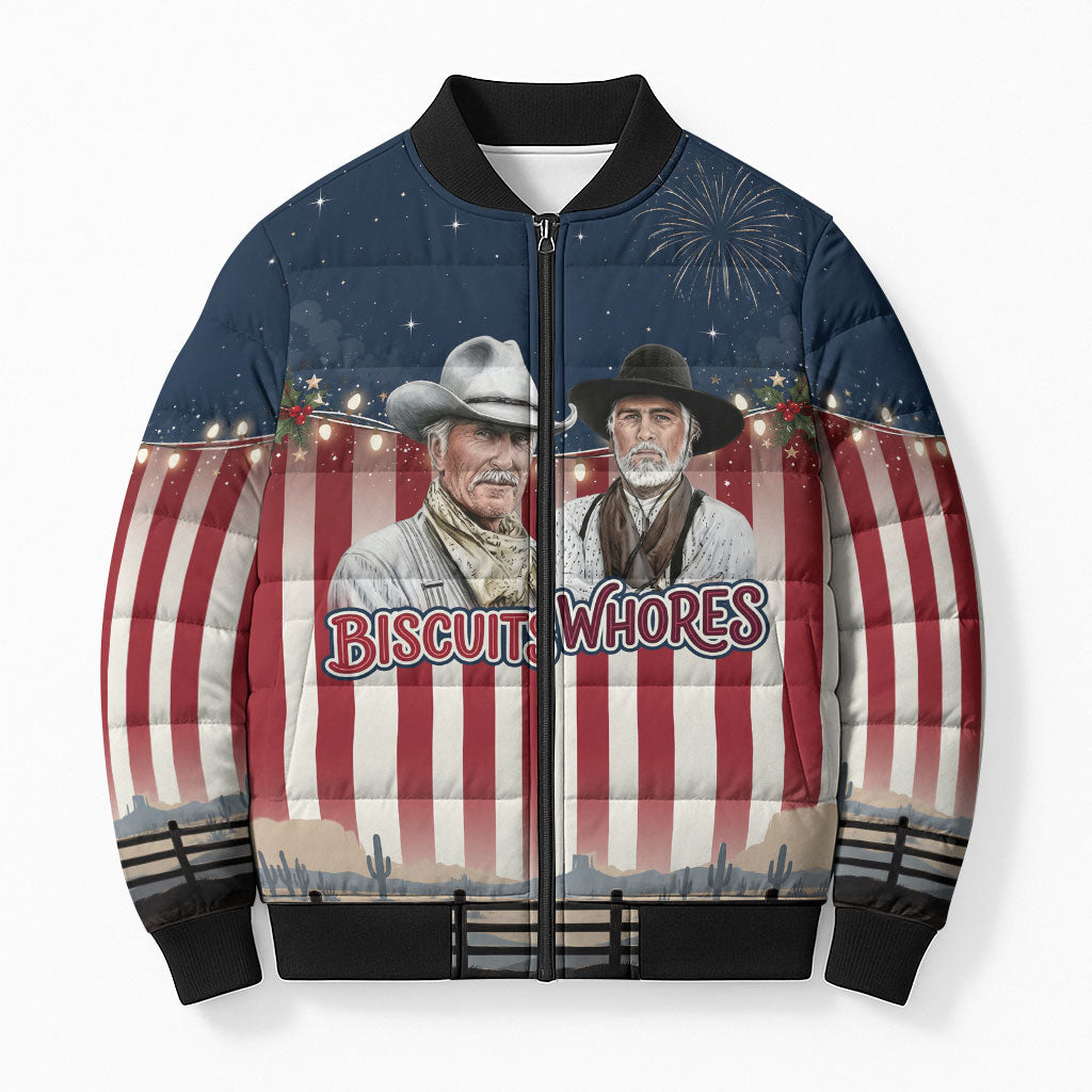 All I Want For Christmas Is Biscuits And Whores Western Cowboys Bomber Puffer Jacket Vintage Retro Western Xmas Humor