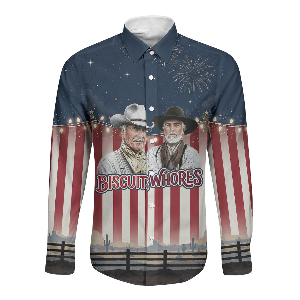 All I Want For Christmas Is Biscuits And Whores Western Cowboys Long Sleeve Button Shirt Vintage Retro Western Xmas Humor