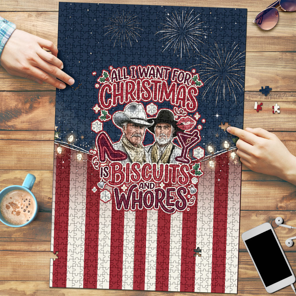 All I Want For Christmas Is Biscuits And Whores Western Cowboys Puzzle Vintage Retro Western Xmas Humor