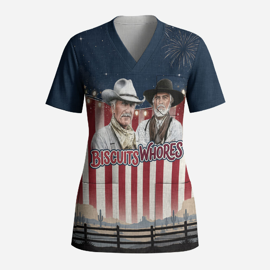 All I Want For Christmas Is Biscuits And Whores Western Cowboys Scrub Top Vintage Retro Western Xmas Humor