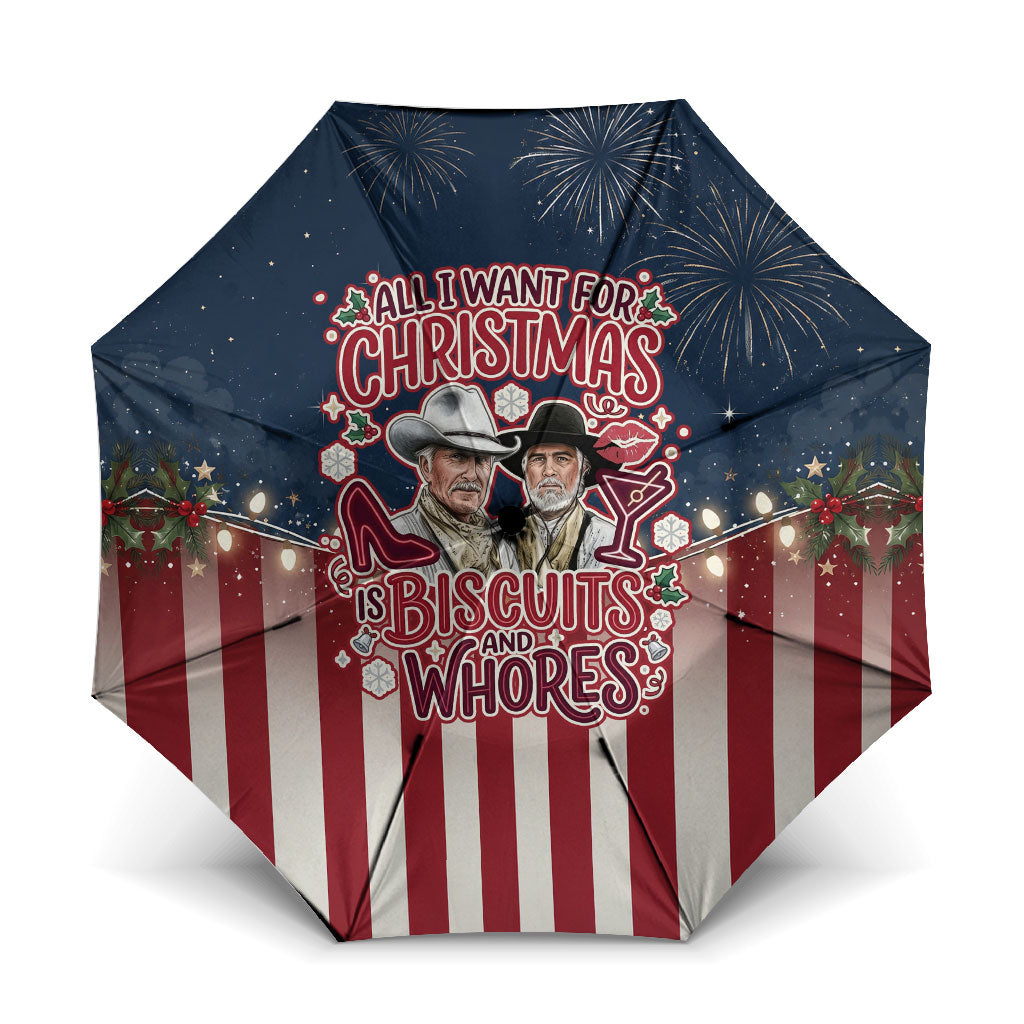 All I Want For Christmas Is Biscuits And Whores Western Cowboys Umbrella Vintage Retro Western Xmas Humor