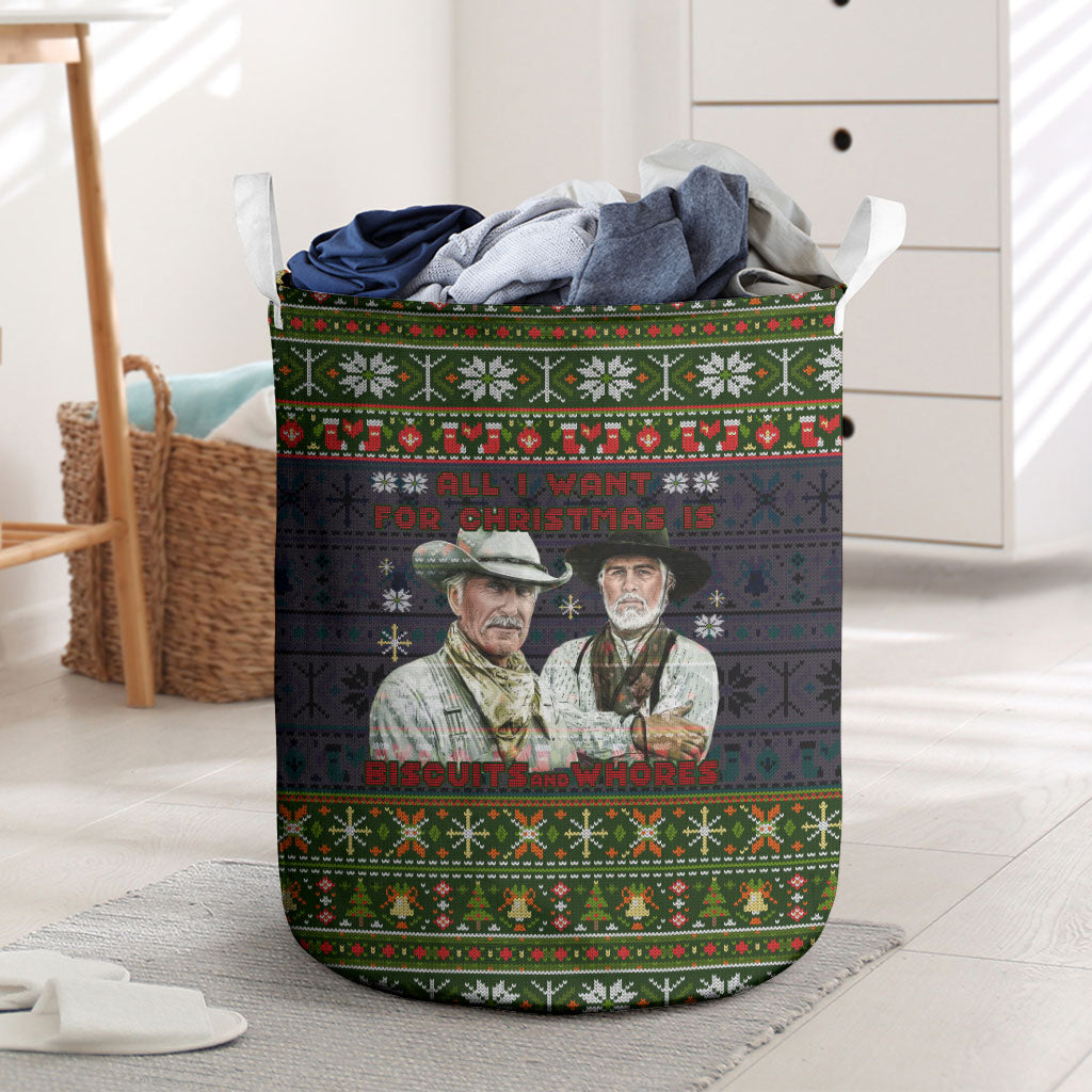 All I Want For Christmas Is Biscuits And Whores Western Cowboys Laundry Basket Vintage Rustic Humor