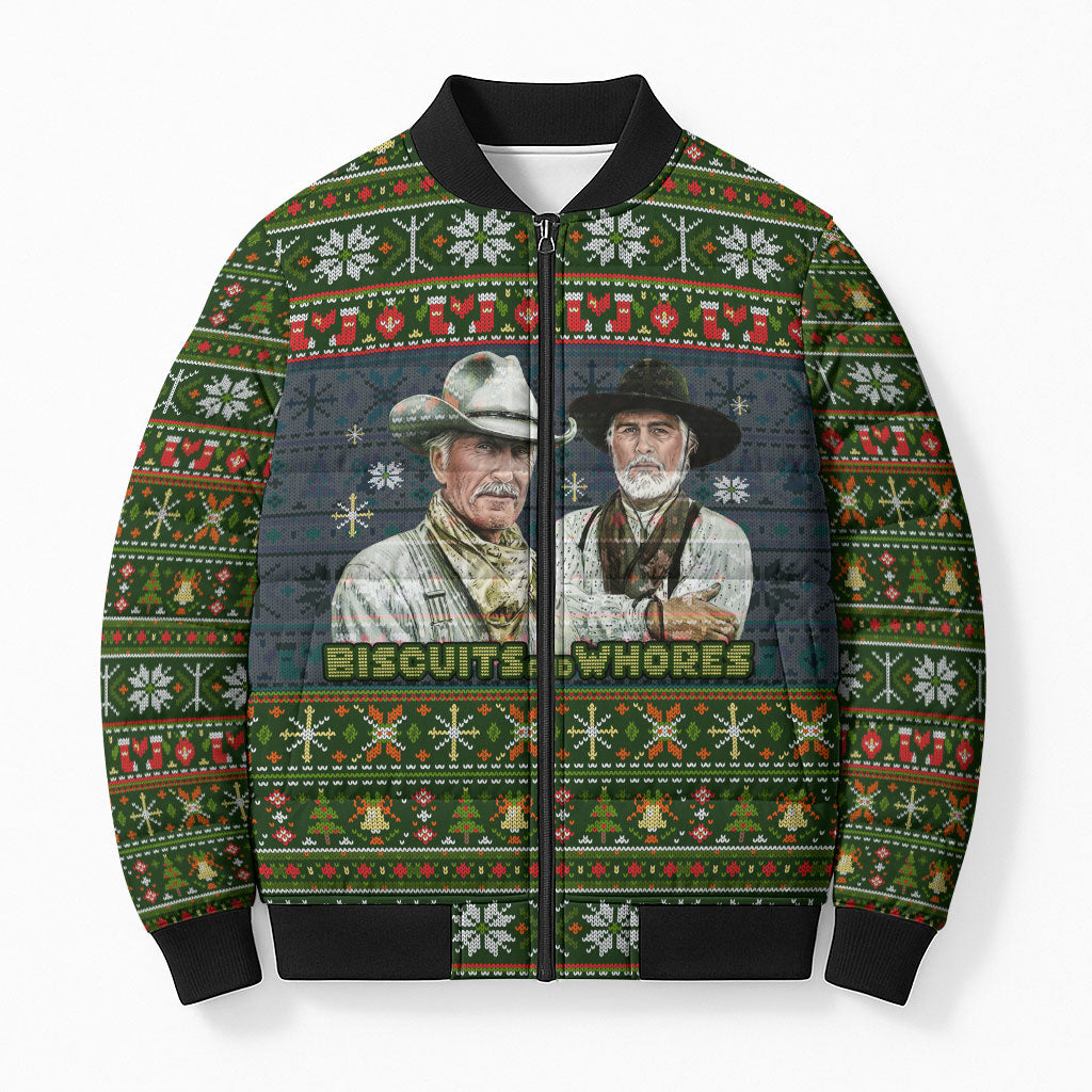 All I Want For Christmas Is Biscuits And Whores Western Cowboys Bomber Puffer Jacket Vintage Rustic Humor