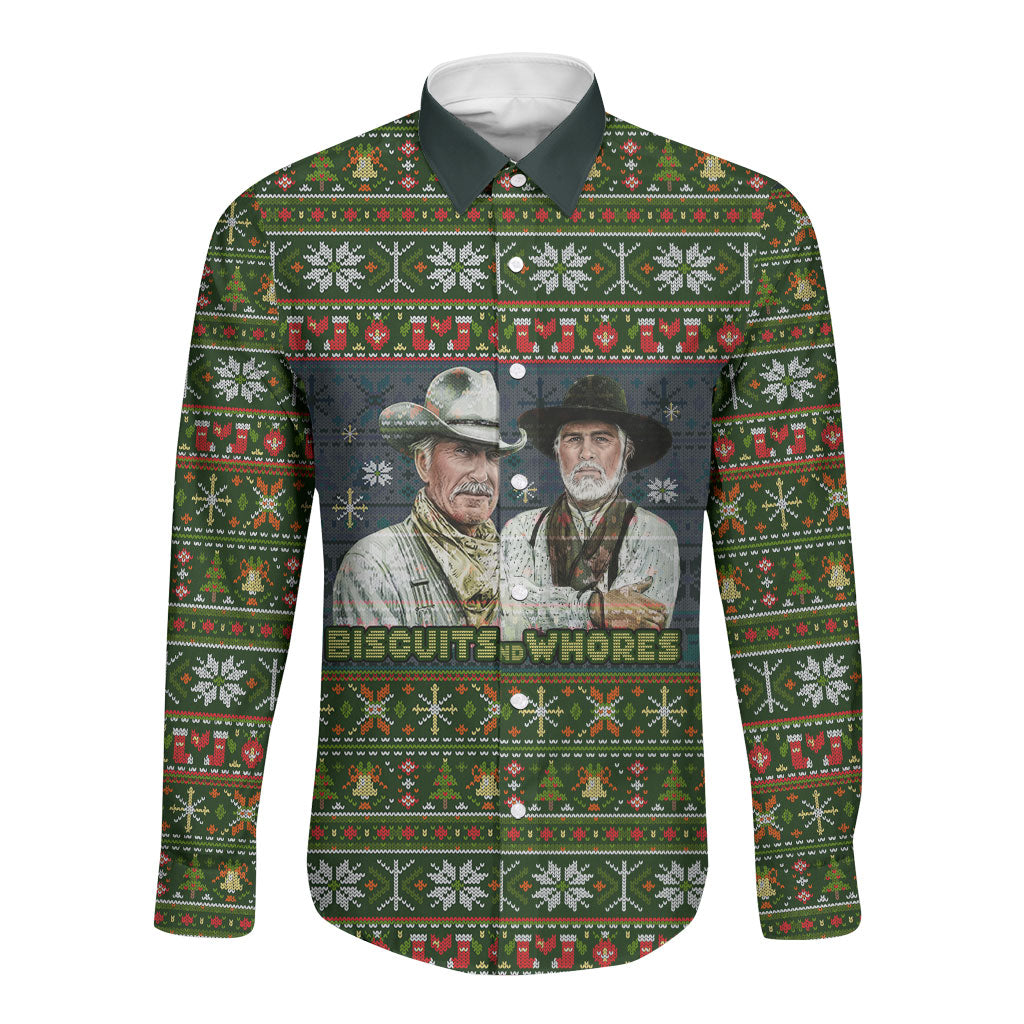 All I Want For Christmas Is Biscuits And Whores Western Cowboys Long Sleeve Button Shirt Vintage Rustic Humor