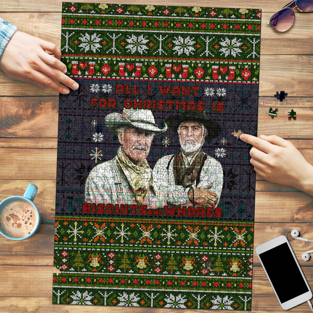 All I Want For Christmas Is Biscuits And Whores Western Cowboys Puzzle Vintage Rustic Humor