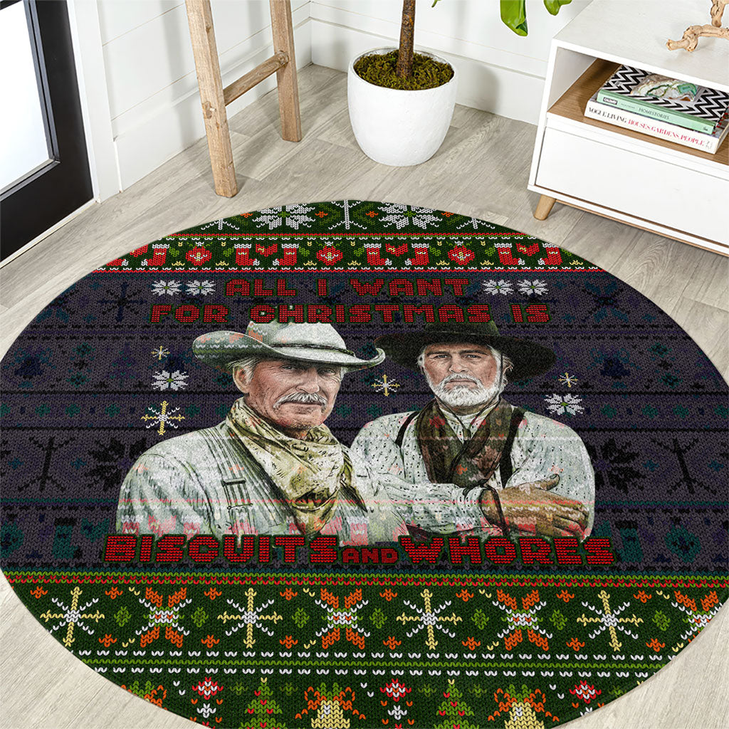 All I Want For Christmas Is Biscuits And Whores Western Cowboys Round Carpet Vintage Rustic Humor