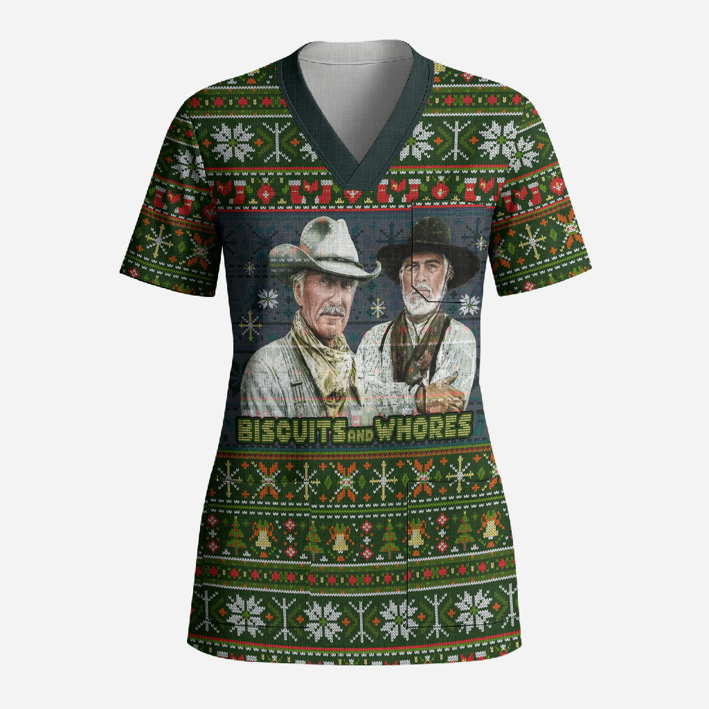 All I Want For Christmas Is Biscuits And Whores Western Cowboys Scrub Top Vintage Rustic Humor