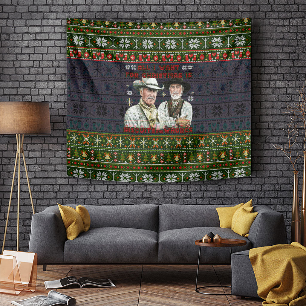 All I Want For Christmas Is Biscuits And Whores Western Cowboys Tapestry Vintage Rustic Humor