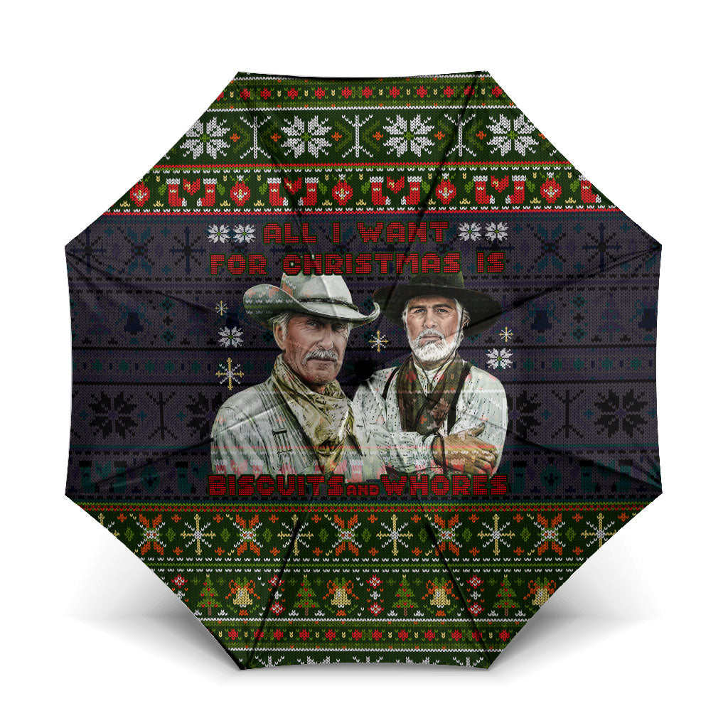 All I Want For Christmas Is Biscuits And Whores Western Cowboys Umbrella Vintage Rustic Humor