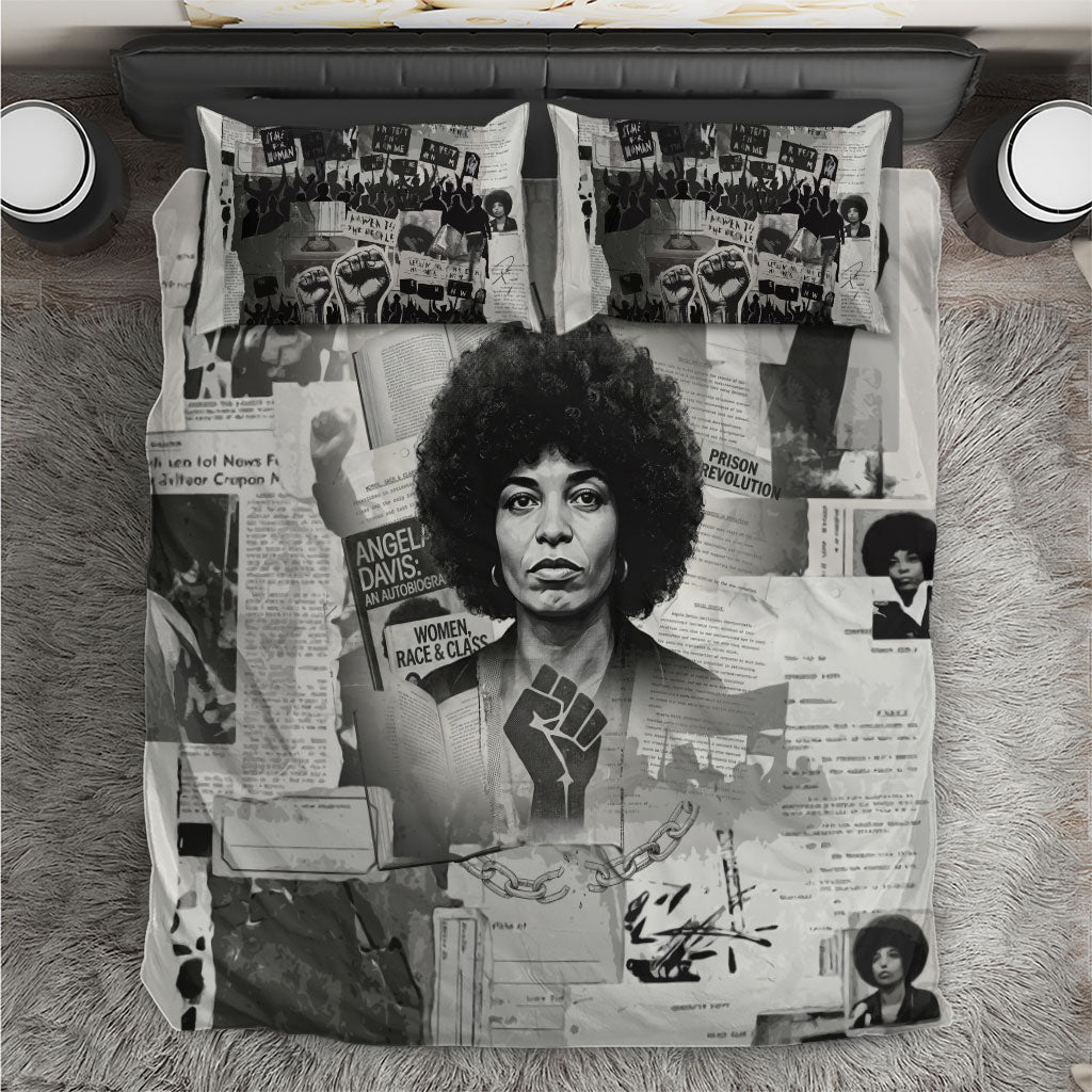 Angela Davis Black History Rights Activism Bedding Set Vintage Newspaper Collage Retro Protest Art