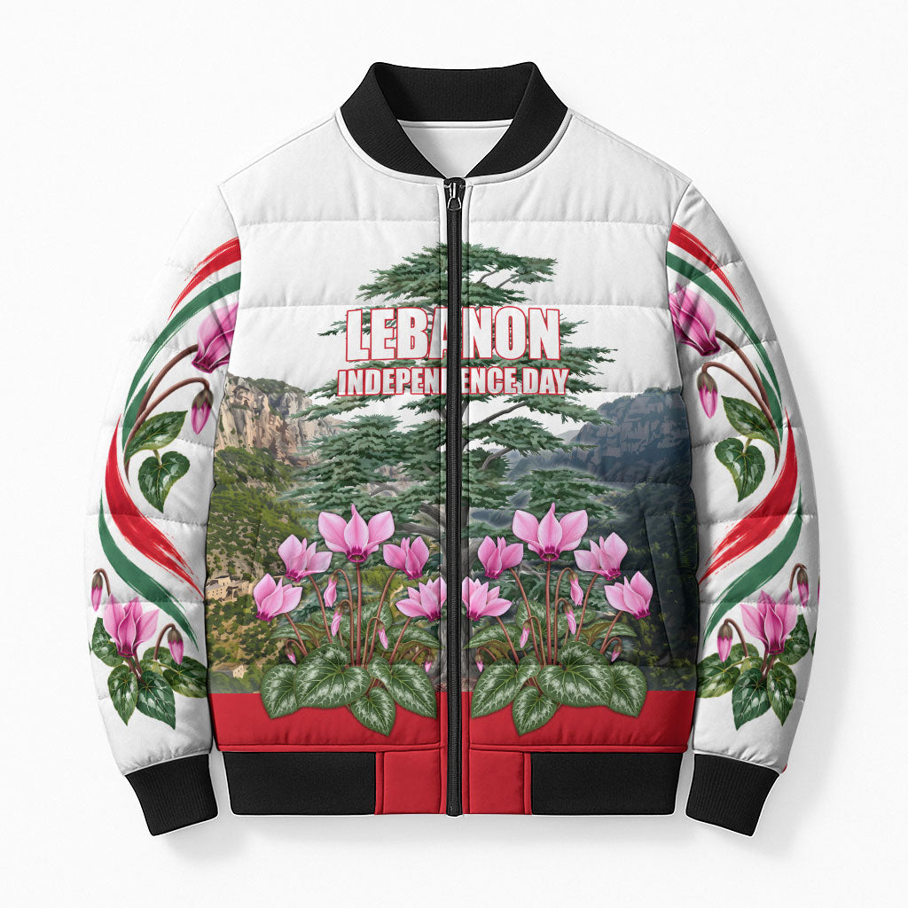 Lebanon Independence Day Bomber Puffer Jacket Patriotic Cedar Tree And Cyclamen Flowers