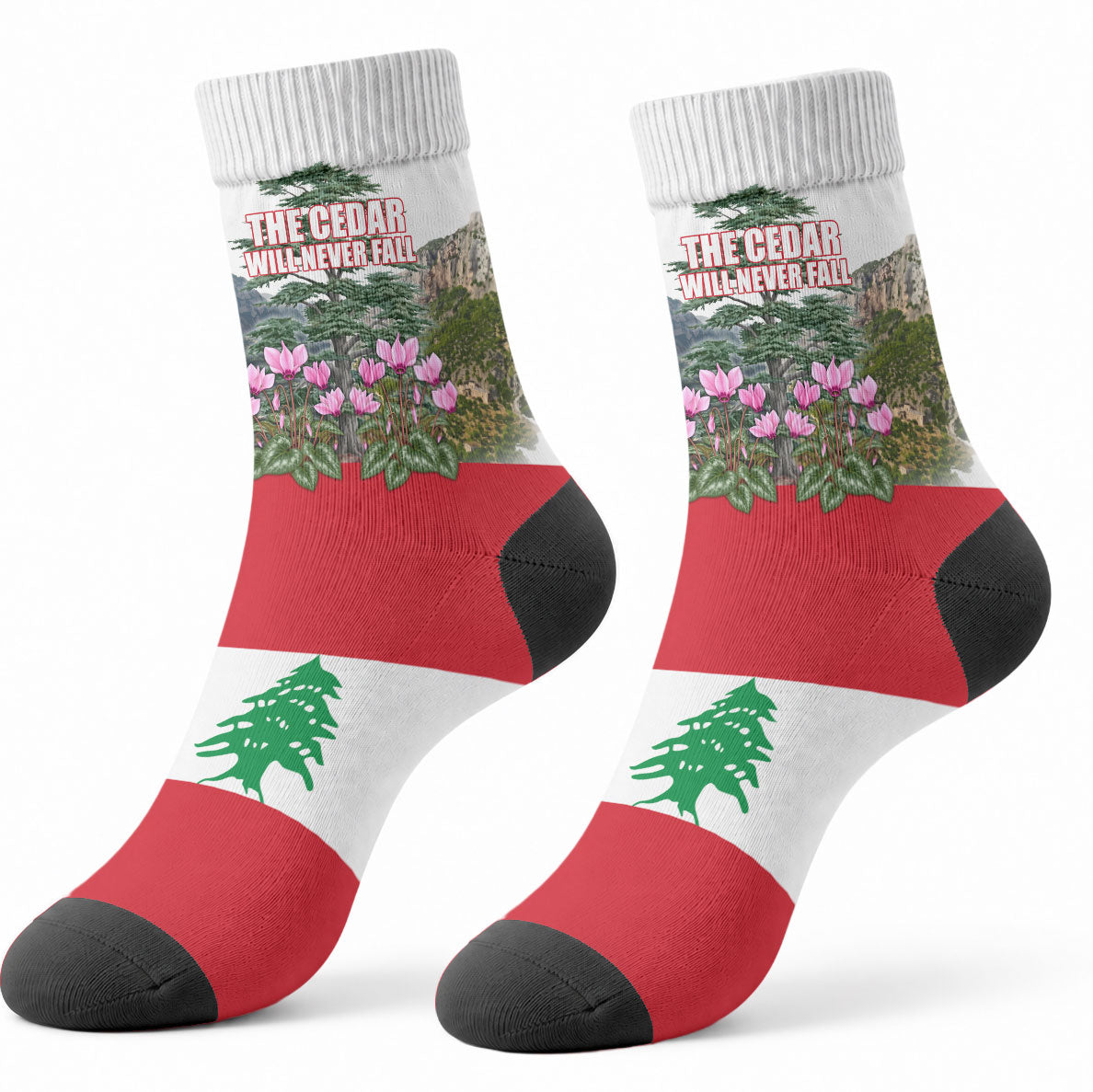 Lebanon Independence Day Crew Socks Patriotic Cedar Tree And Cyclamen Flowers