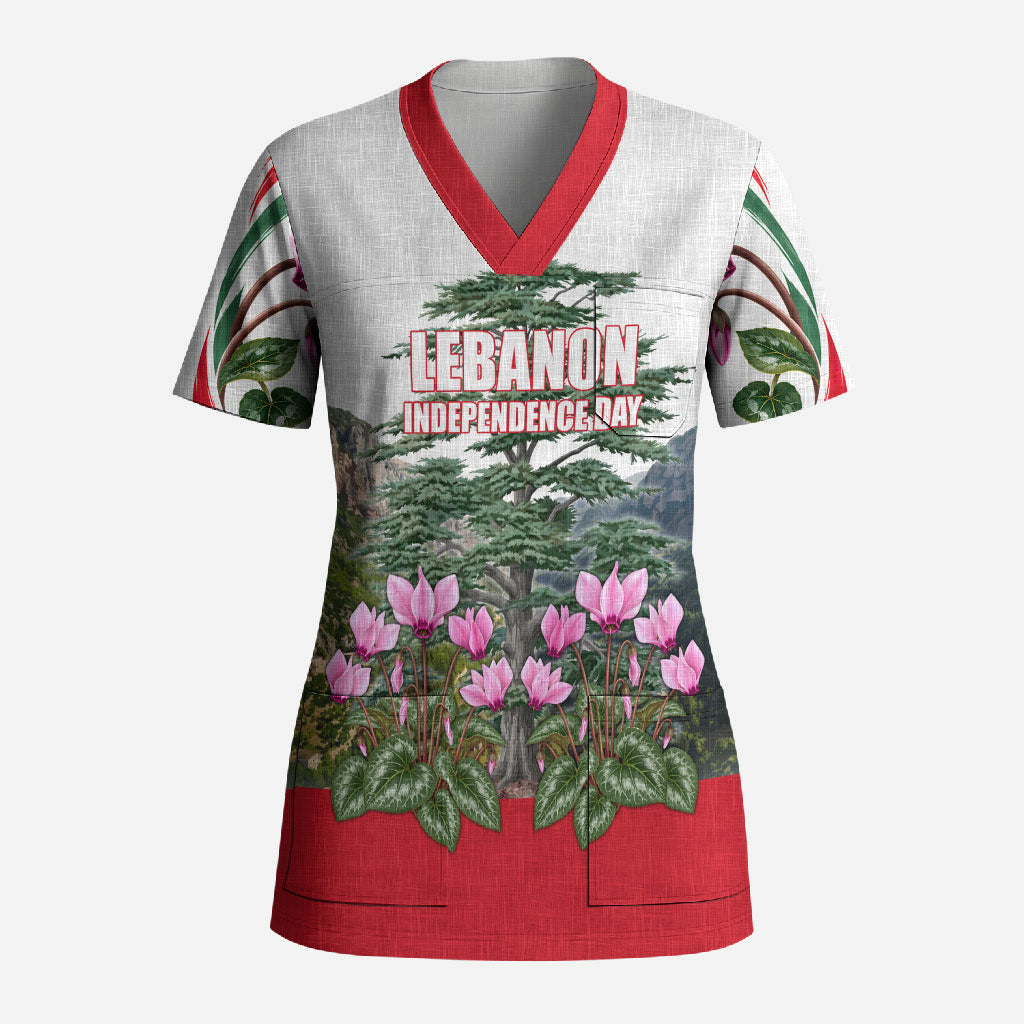Lebanon Independence Day Scrub Top Patriotic Cedar Tree And Cyclamen Flowers