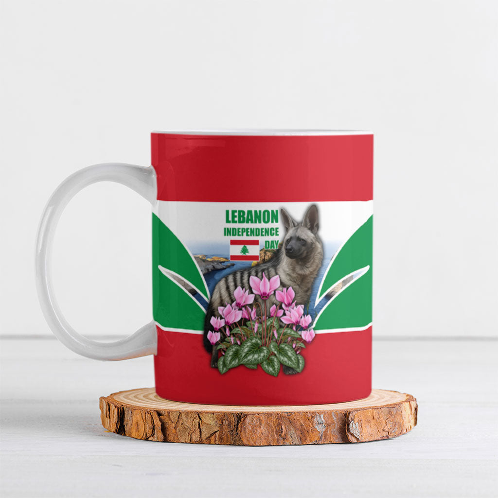 Lebanon Independence Day Striped Hyena Ceramic Mug Patriotic Pigeon Rocks And Cyclamen Flowers