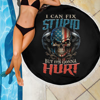 Fringed round black beach blanket with skull, patriotic shield, and distressed text print
