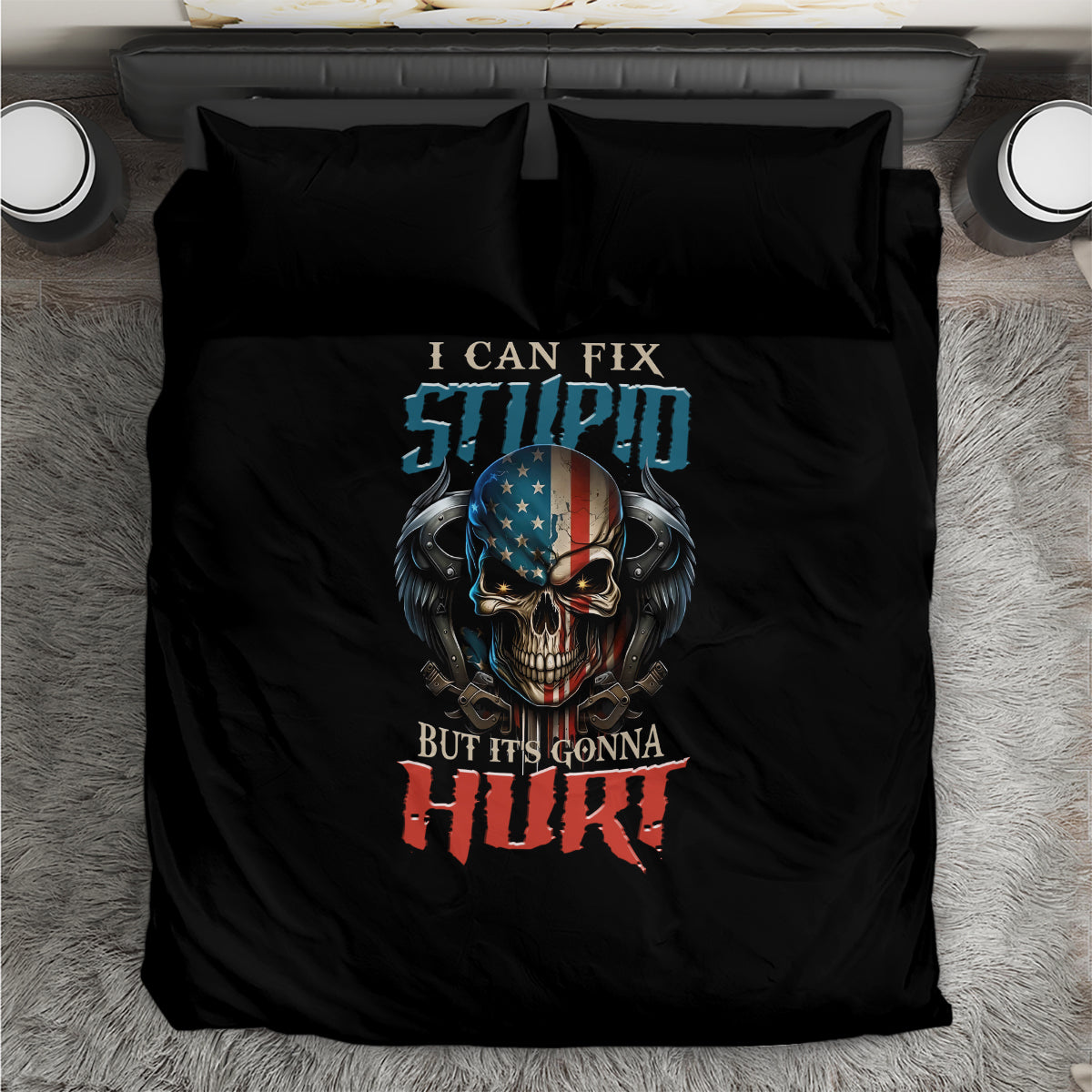 Black bedding set with skull graphic and lettering, shown from above