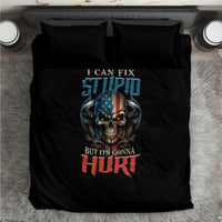 Black bedding set with skull graphic and lettering, shown from above