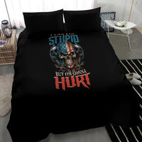 Black bedding set with multicolor skull graphic, close-up angled view