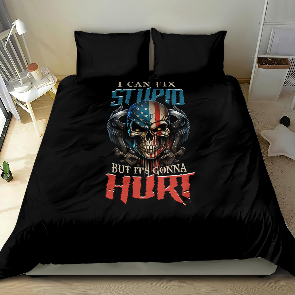 Black bedding set centered on bed with two pillowcases and skull graphic