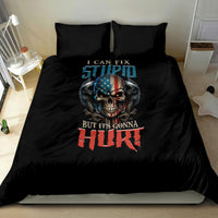 Black bedding set centered on bed with two pillowcases and skull graphic