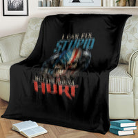 Black blanket with centered skull graphic in blue and red, distressed lettering